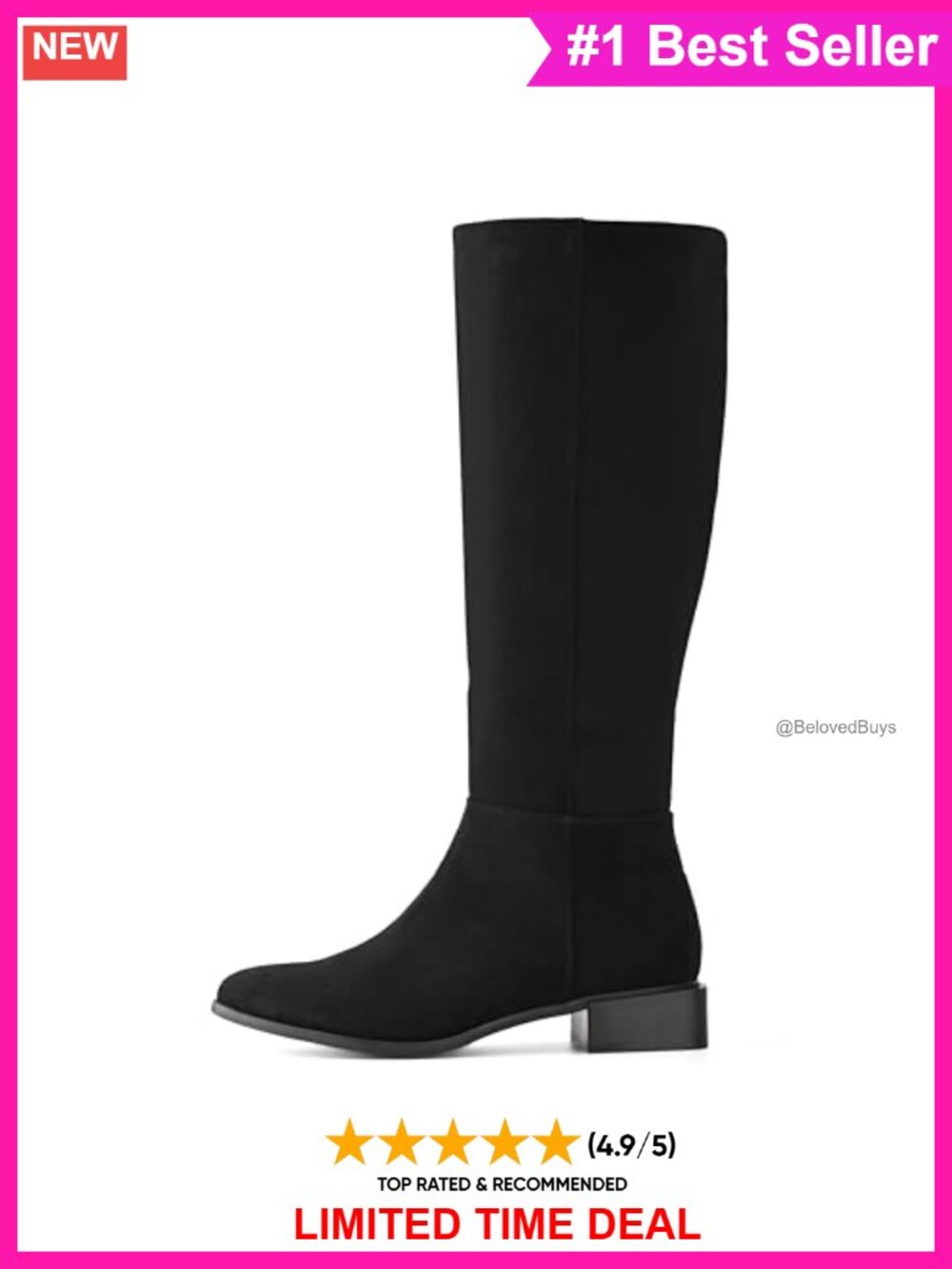 Suede Knee High Boots Chunky Low Heel Pointed Toe Side Zipper - Picture 4 of 6